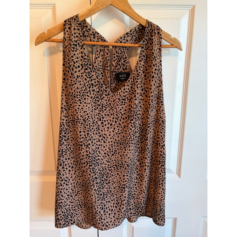VICI Tyche Womens Small Animal Print Sleeveless V-Neck Racerback Blouse Tan